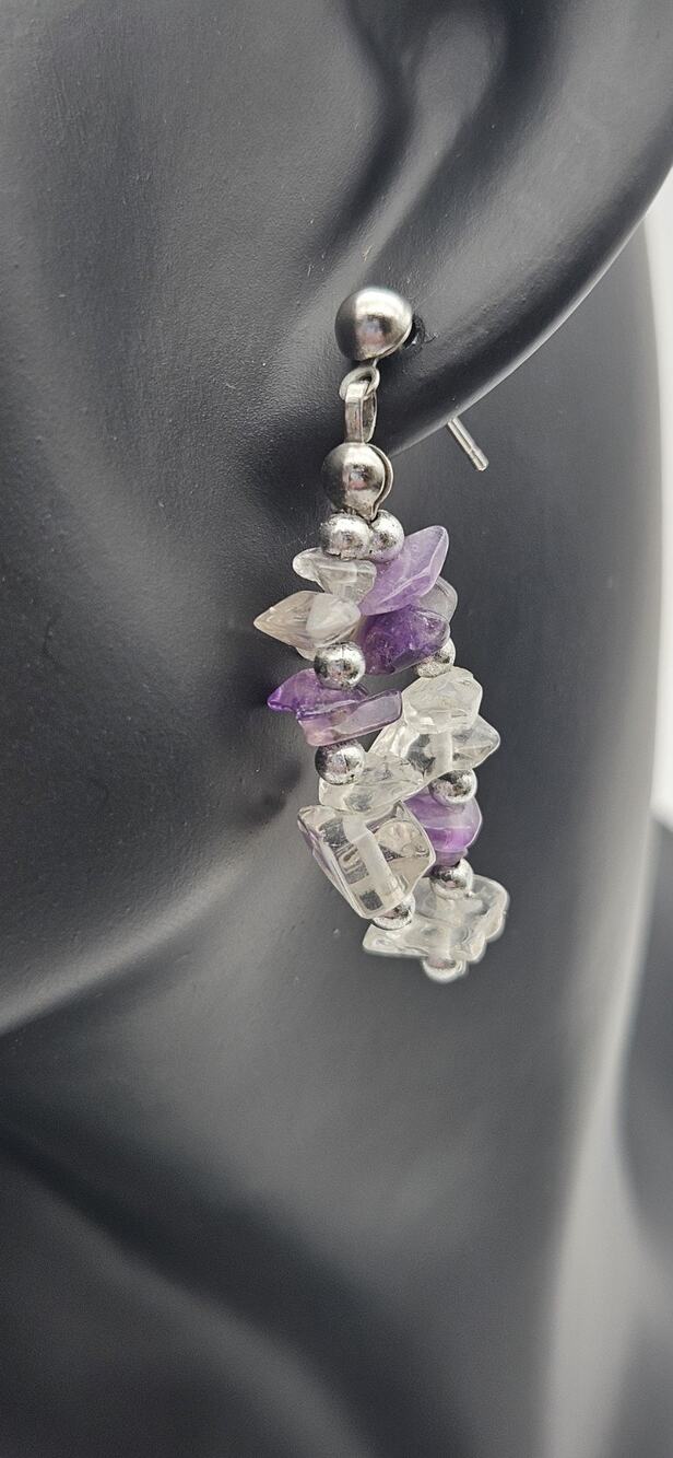 Amethyst & Clear Quartz Chip Dangle Earrings Silver Tone Pierced Gemstone...